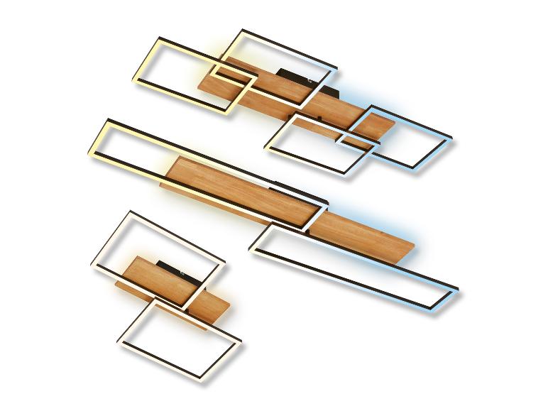 Trois luminaires modernes avec cadres noirs et lumières LED, avec des accents de bois.