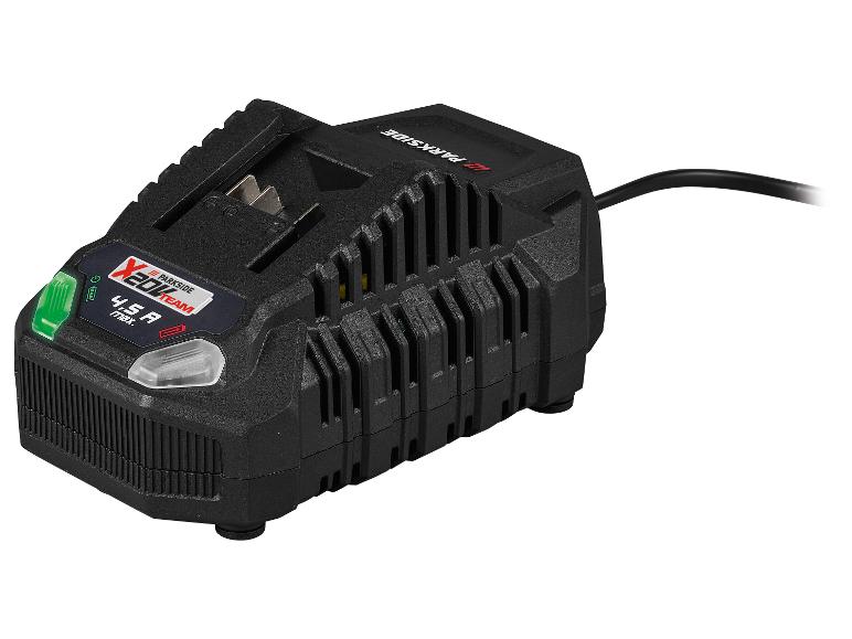 Chargeur de batterie noir avec indicateurs LED et câble d'alimentation.