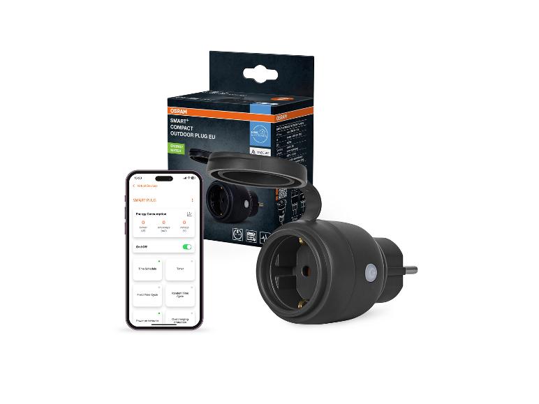 Prise extérieure intelligente noire avec interface d'application pour la consommation d'énergie et le contrôle.