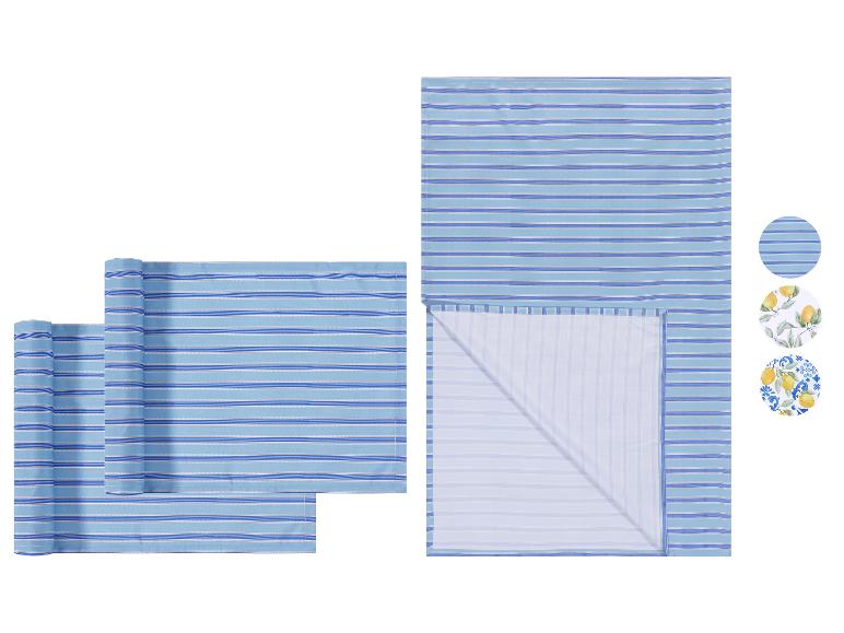 Set de table et chemins de table rayés bleu et blanc, motifs citron.