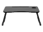 Table pliable noire pour ordinateur portable avec porte-gobelet.