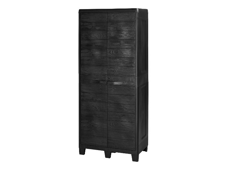 Armoire de rangement noire haute avec portes à effet bois