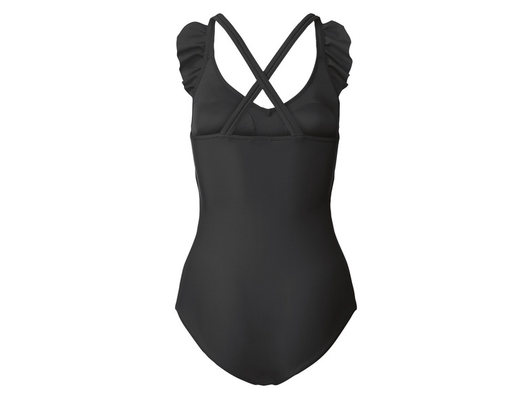 Un maillot de bain noir à dos croisé et à volants.