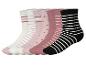 Lot de six paires de chaussettes roses, blanches et noires, avec rayures et cœurs.
