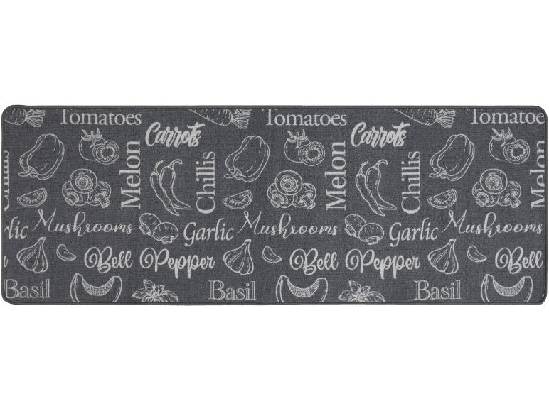 Tapis de cuisine gris avec illustrations blanches et texte de légumes comme tomates, carottes, champignons et poivrons.