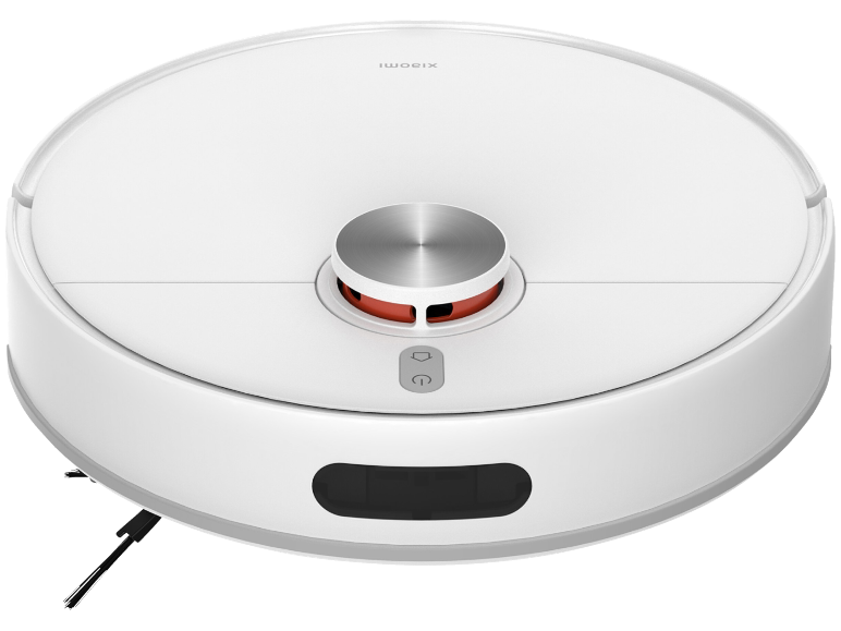 Aspirateur robot blanc avec capteur laser et brosse latérale.