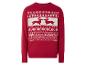 Un pull de Noël rouge avec deux teckels et des flocons de neige.