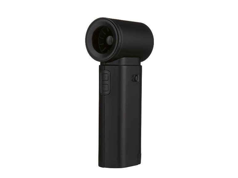 Ventilateur portable noir avec tête rotative et boutons de commande.