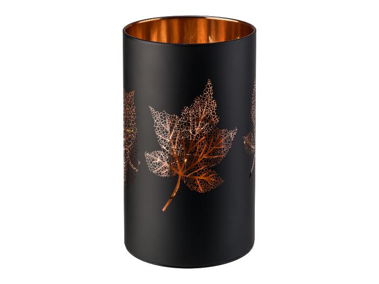 Lanterne en verre noir avec des feuilles cuivrées et un éclairage intégré
