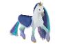 Une licorne blanche avec une queue et une crinière bleu-violet, avec une couverture bleue.