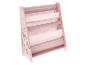 Étagère à livres rose pour enfants avec étagères en tissu et motif animaux de la forêt.