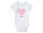 Un body bébé blanc avec des fleurs roses en forme de cœur et l'inscription 'Bonjour'.
