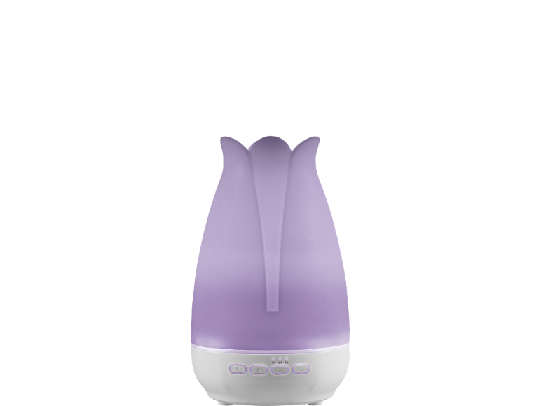 Diffuseur d'arômes violet en forme de tulipe avec boutons de commande pour la lumière et la brume.