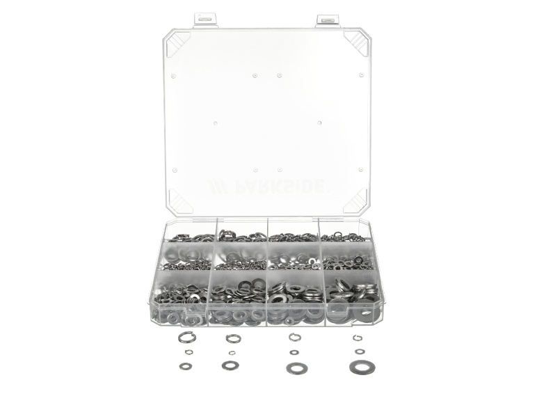 Boîte de rangement transparente avec assortiment de rondelles métalliques PARKSIDE.