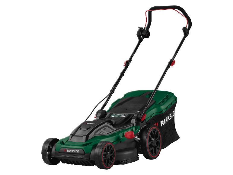 Tondeuse à gazon PARKSIDE verte et noire avec des détails rouges.