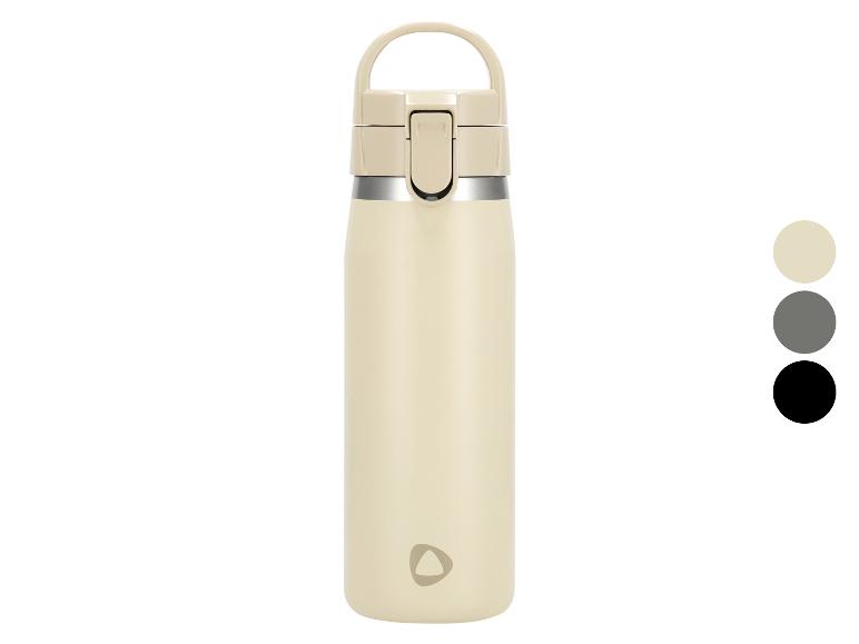 Thermos beige avec couvercle à bouton-poussoir et poignée, avec options de couleur grise et noire.