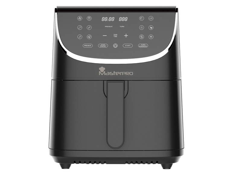 Une friteuse à air MasterPro noire avec un écran numérique.