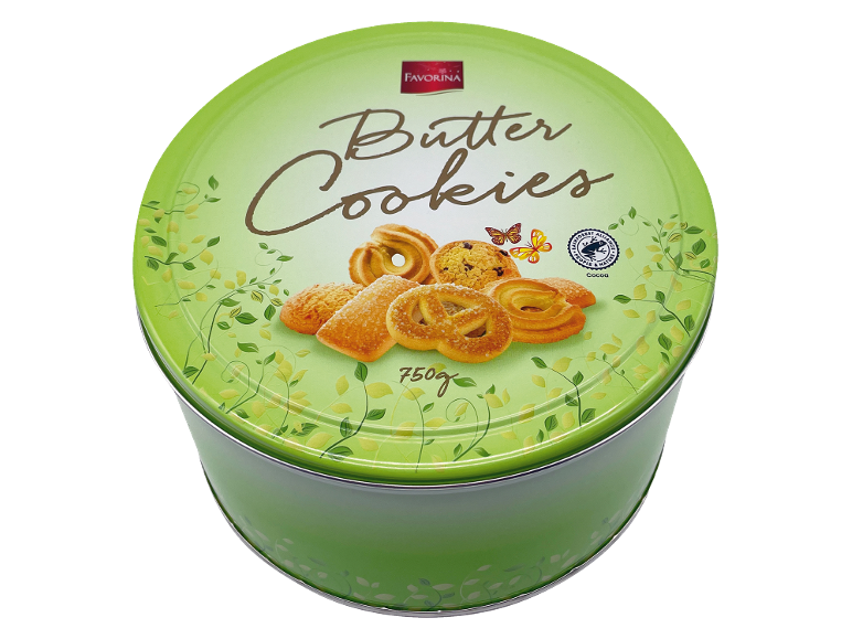 Boîte de biscuits au beurre de 750g avec un assortiment de biscuits et un motif de feuilles vertes.