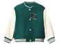 Veste de baseball vert foncé avec manches contrastées crème et broderie NY.