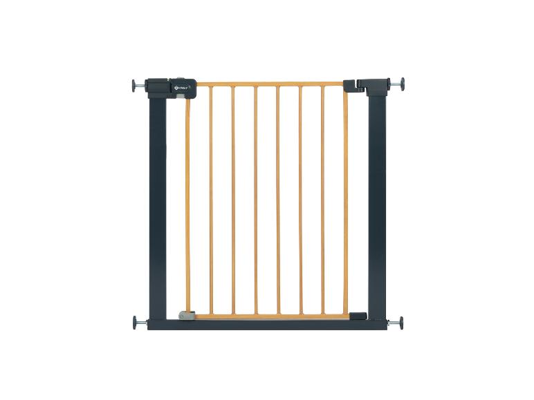 Barrière de sécurité pour enfants gris foncé et couleur bois.