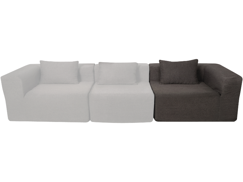 Canapé modulable avec deux sections gris clair et une gris foncé, chacune avec un coussin.