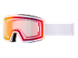 Masque de ski avec lentille irisée orange-rouge et sangle blanche.