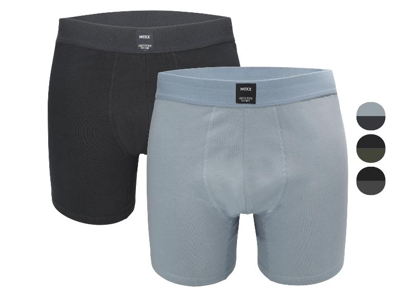 Lot de deux boxers pour hommes, un gris foncé et un bleu clair, avec des ceintures contrastées.
