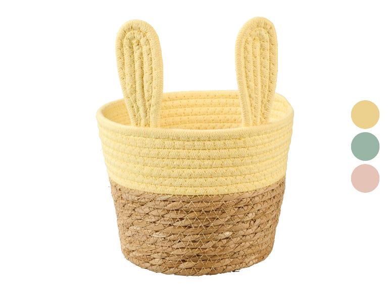 Panier de rangement en corde tressée jaune et paille avec oreilles de lapin.