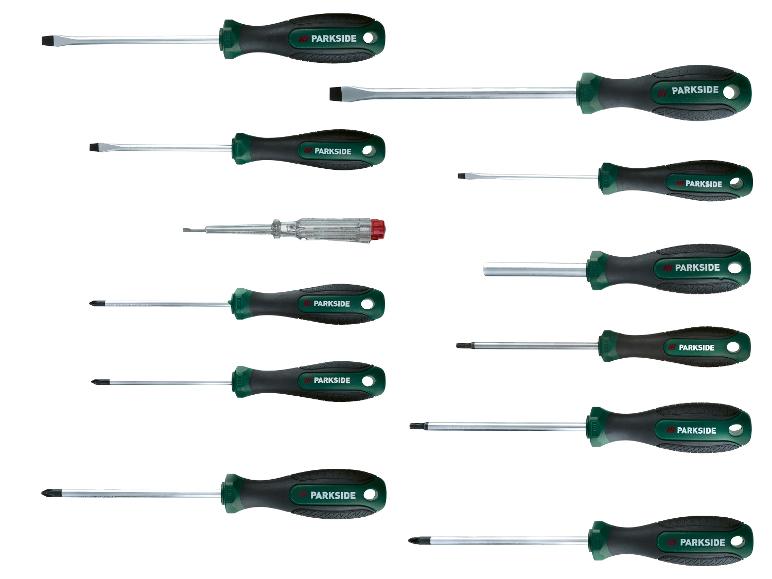 Jeu de tournevis Parkside avec poignées ergonomiques et un testeur de tension.
