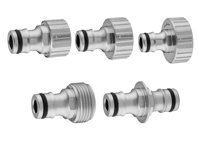 Ensemble de cinq raccords de tuyau métalliques argentés Parkside Performance.