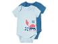 Bodys bébé, un bleu clair à motif crabe, un bleu marine uni.