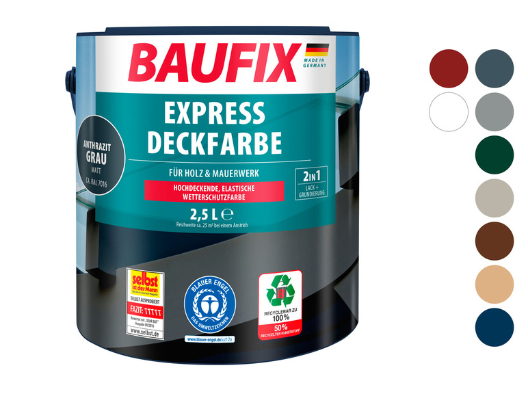 Un pot de peinture couvrante Baufix Express pour bois et maçonnerie en gris anthracite.