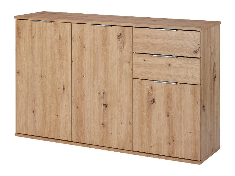Meuble moderne en bois : commode avec trois portes et deux tiroirs.