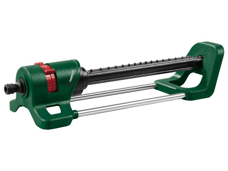 Arroseur oscillant Parkside, vert et noir, avec réglages rouges.