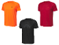 Trois t-shirts Crivit : orange, rouge et noir.