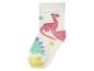 Chaussette bébé blanche avec des dinosaures roses et verts et des fleurs colorées.