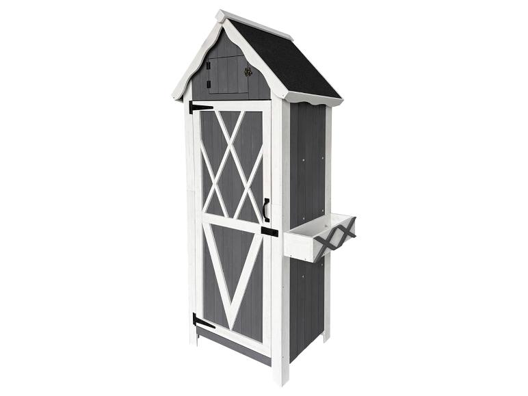 Abri de jardin en bois gris et blanc avec jardinière, portes de style grange et toit noir.