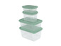 Quatre contenants alimentaires en plastique carrés avec des couvercles verts.