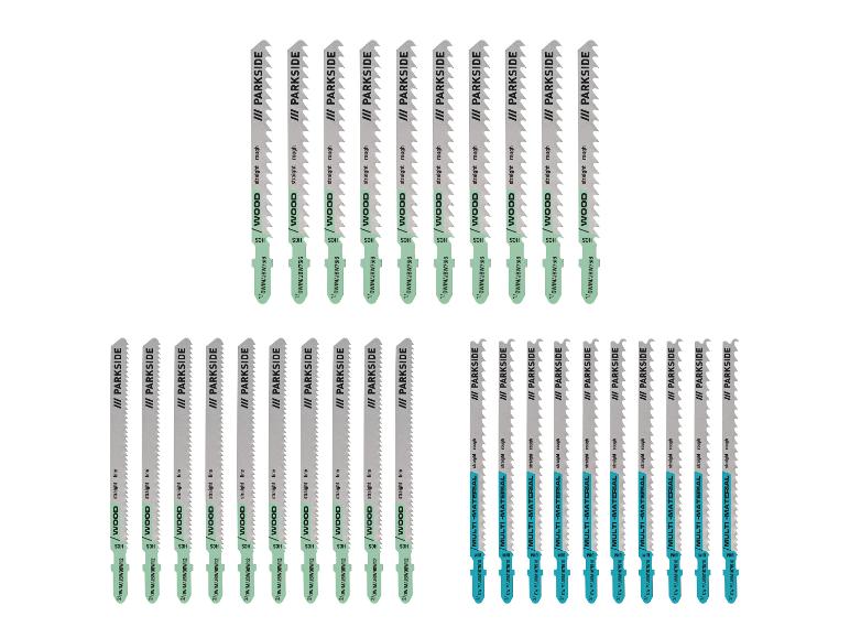 Lames de scie sauteuse assorties pour bois et multimatière, coupes droites, grossières et fines.
