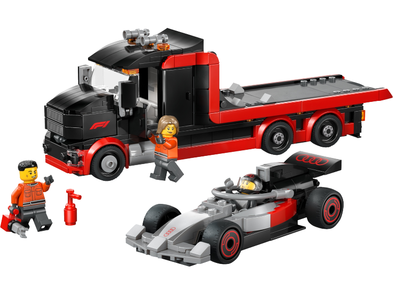 Camion jouet et voiture de course avec deux figurines, l'une tenant une clé.