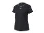 T-shirt de sport noir à manches courtes pour femme avec liseré blanc autour du cou.