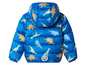 Une veste d'hiver bleue pour enfant avec un motif de dinosaures.