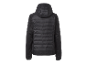 Veste noire à capuche et rembourrage matelassé.