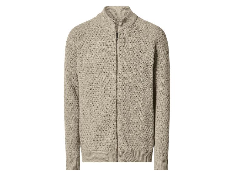 Cardigan zippé en maille beige pour homme avec col montant.