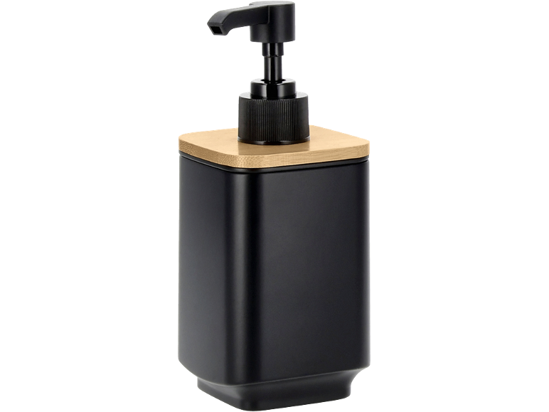 Distributeur de savon noir mat avec pompe et couvercle en bambou.