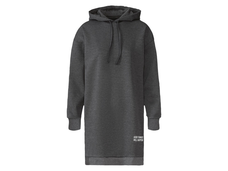 Une robe-sweatshirt grise avec l'inscription 'Good things will happen'.