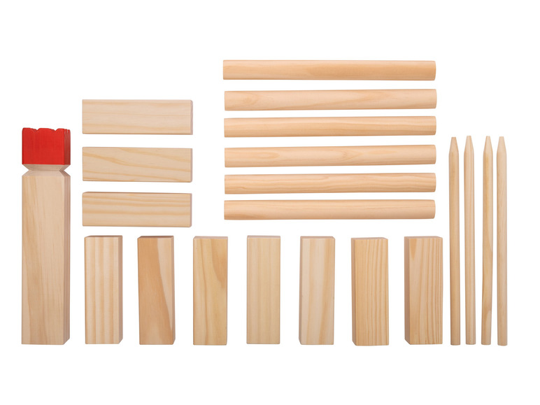 Blocs de bois, bâtons et pions pour un jeu.