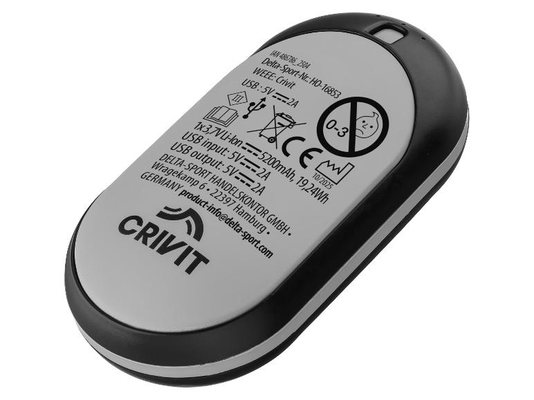 Batterie externe Crivit avec spécifications techniques et informations du fabricant.