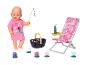 Poupée BABY born avec canne à pêche, panier, chaise longue et canards jouets.