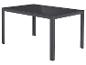Table moderne avec plateau en verre et structure en métal gris foncé.